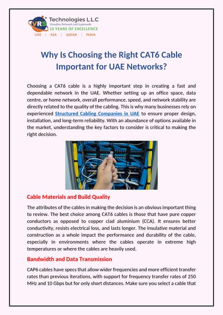Why Is Choosing the Right CAT6 Cable Important for UAE Networks? | PDF